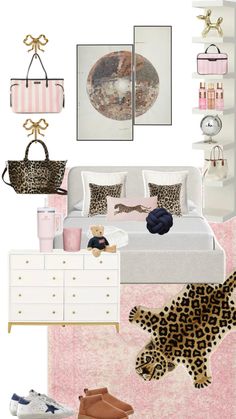 a bedroom with leopard print and pink accents