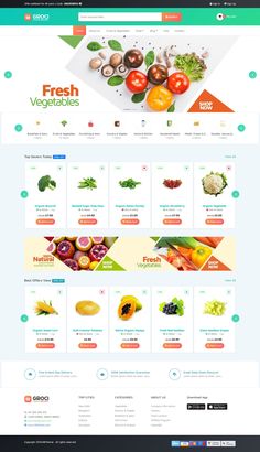 the website design for fresh vegetables, including tomatoes and other produce items on display in different colors