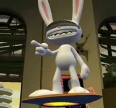 a cartoon bunny is riding on top of a skateboard in the middle of an indoor area