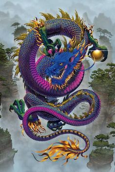 a blue and purple dragon sitting on top of a mountain