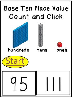 a sign that says base ten place value count and click, with numbers 1 - 5