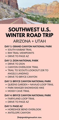 the road map for southwest u s winter road trip in arizona, utah and arizona