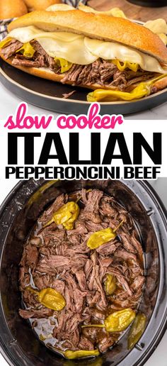 slow cooker italian pepperoni beef is shown in this image with the title above it