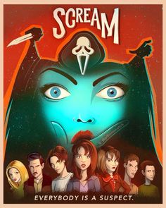 the poster for scream, which features an image of a woman's face and several other people