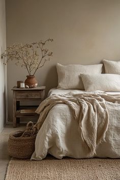 a bed with white linens and pillows in a neutral colored bedroom, along with a basket on the floor