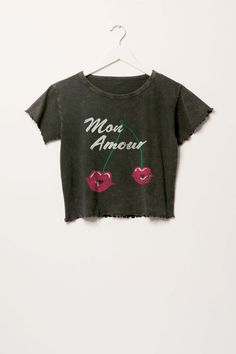 Mon Amour Cropped Lettuce-Edge Graphic Baby Tee - ShopPromesa Lips Graphic, Graphic Baby Tee, Cherry Lips, Baby Graphic Tees, Lip Shapes, Graphic Tops, Outfits With Hats, Jumpsuit Shorts Rompers, Vintage Canvas