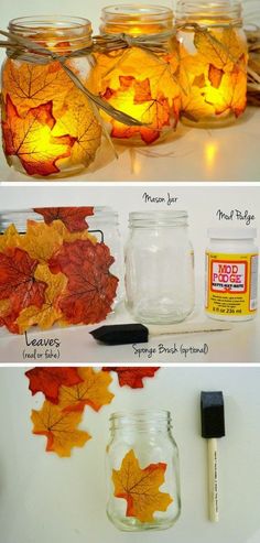 mason jars filled with fall leaves and some glue to make them look like they are floating