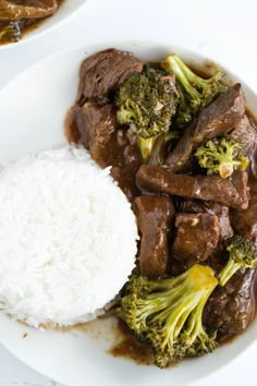 beef and broccoli with rice on a plate