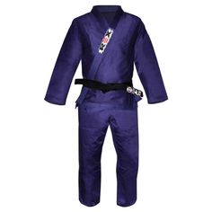 a purple karate suit with black belt