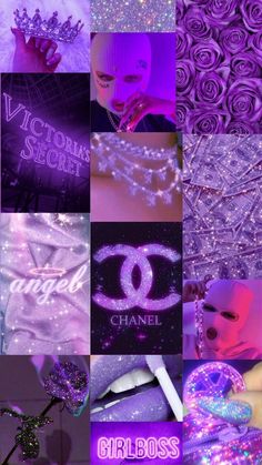 purple aesthetic wallpaper with chanel logos and glitters in the background, including roses