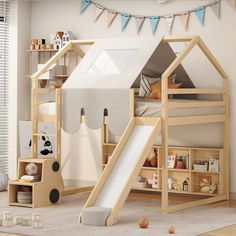 a child's bedroom with a slide and bunk bed