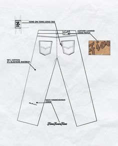 a drawing of a pair of jeans with the measurements and instructions for each item on it