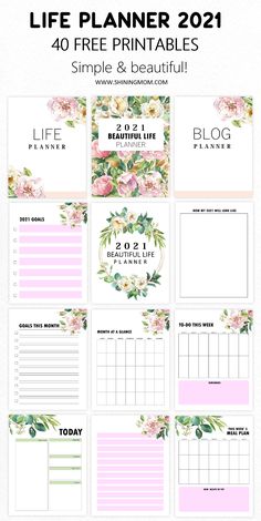 the printable life planner is shown in pink and green with florals on it