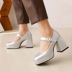 Champagne Shoes, Thick Heel Shoes, Platform Block Heels, Square Toe Heels, Fashion White, Mary Jane Pumps, Thick Heel, Silver Heels, Thick Heels