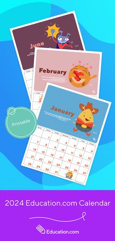 three calendars with cartoon animals on them and the text, 2021 education com calendar