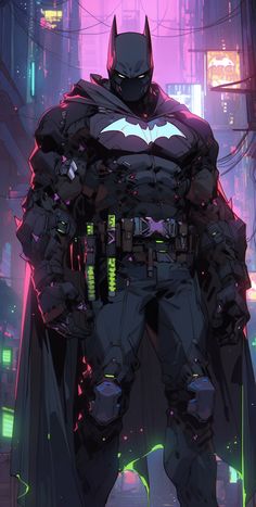 a batman standing in the middle of a city at night with neon lights behind him