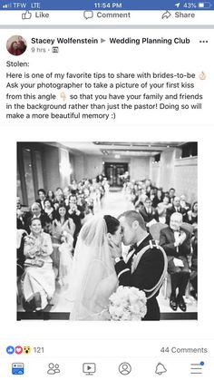 the bride and groom are kissing in front of their wedding guests on instagrams