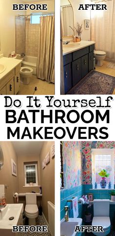 before and after photos of bathroom remodeling with text overlay that reads, do it yourself bathroom makeovers