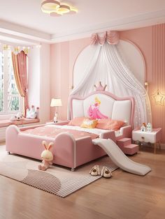 a princess bedroom with pink walls and furniture