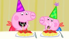 two peppa pig eating spaghetti at a table with a party hat on their head