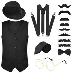 PRICES MAY VARY. Value Pack: In total 16 pieces, 1 * gangster vest, 1 * fedora hat, 1 * gold glasses, 1 * Y-back elastic suspender, 1 * necktie, 1 * bow tie, 1 * vintage pocket prop, 2 * armbands, 6 * fake beards and 1 * decorative prop Size: Medium: Shoulder:15.35inch, Chest:41.73inch, Length: 24.41inch; Large: Shoulder:15.75inch, Chest:43.31inch, Length:25.2inch;XLarge: Shoulder:16.14inch, Chest:44.88inch, Length:25.98inch;XXLarge: Shoulder:16.54inch, Chest:46.46inch, Length:26.77inch Material Roaring 20s Men, 1920s Mens Costume, Felt Beard, 70s Disco Costume, 20s Costume, 20s Men, Fake Beards, Disco Costume, Collar Clips