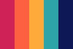 Vertical color blocks including a range of tones from magenta to orange, then yellow, then teal, finishing with indigo. Rainbow Color Palette, Mexican Colors, Retro Color Palette, Color Schemes Colour Palettes, Palette Art, Color Palette Bright