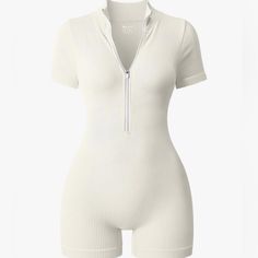 Black And White Zipper Neck, Yoga Jumpsuit, Ribbed Shorts, Short Sleeve Romper, White Romper, Yoga Workout, Cute Simple Outfits, Sleeved Romper, Rompers Women