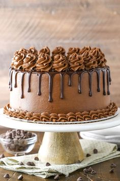 a chocolate cake sitting on top of a wooden table