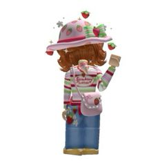 a ceramic figurine of a girl with a strawberry hat and purse on her shoulder