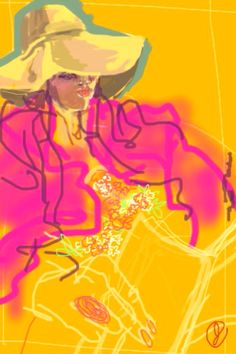 a digital painting of a woman wearing a large hat