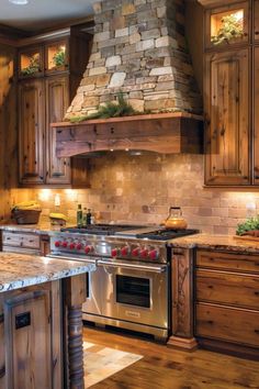 a stove top oven sitting inside of a kitchen next to wooden cabinets and counter tops