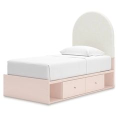 a bed with two drawers underneath it and a headboard on the bottom half of the bed