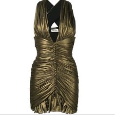 Nwt Size 34 (I Wear An Xs/0 And This Fit Perfectly) Ss19 Gold-Tone Strappy Dress From Saint Laurent. Made Of Silk. Fastened With Zip. Enriched By Draping, Decorative Buttons And Ruffle Trims. Gold Mini Dress Farfetch, Yves Saint Laurent Couture Dresses, Gold Dress Farfetch, Saint Laurent Sequin Dress, Draped Silk Dress, Saint Laurent Dress, Short Casual Dress, Designer Cocktail Dress, Gathered Dress