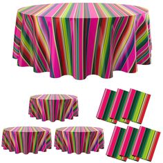 the table cloths are colorfully striped and have different designs on them, including stripes