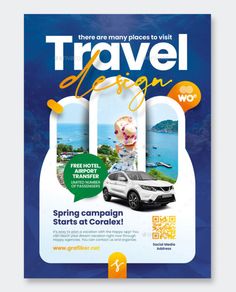 a travel flyer with an image of a car and the words travel design on it