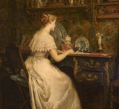 a painting of a woman sitting at a desk in front of a mirror and writing