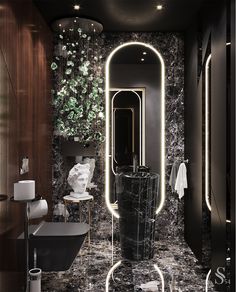 a black and white bathroom with marble walls, flooring and mirrors on the wall