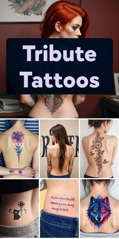 a collage of photos showing different tattoos on the back of women's bodies