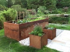 an outdoor garden with metal planters and plants