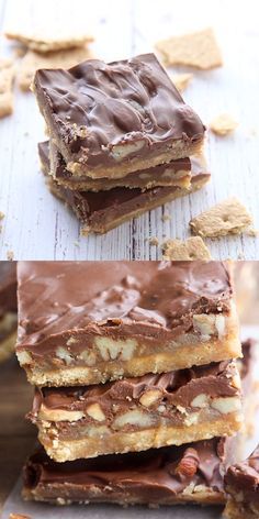 three different views of chocolate peanut butter bars