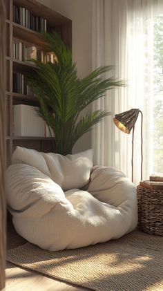 a large white bean bag chair sitting on top of a rug next to a window