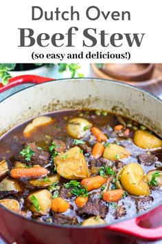 beef stew with carrots and potatoes in a red pot