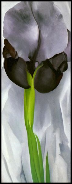 a painting of a black and white flower with green stems in the foreground, on a gray background