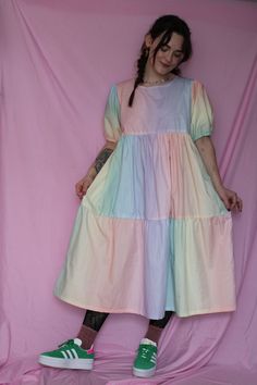 Faye Dress - Pastel Rainbow Multicolor Tiered Skirt Dress With Ruffle Hem, Pink Cotton Dress With Gathered Sleeves, Multicolor Puff Sleeve Dress With Gathered Sleeves, Spring Cotton Dress With Tiered Skirt, Puff Sleeve Cotton Maxi Dress With Ruffles, Daywear Puff Sleeve Tiered Dress With Ruffles, Daywear Puff Sleeve Dress With Tiered Skirt And Ruffles, Cotton Maxi Dress With Ruffles And Puff Sleeves, Daywear Puff Sleeve Dress With Ruffles And Tiered Skirt