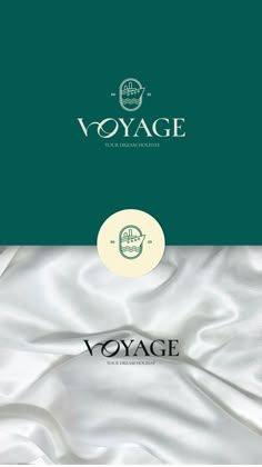 the logo for voyage is shown in green, white and gold colors on a bed sheet