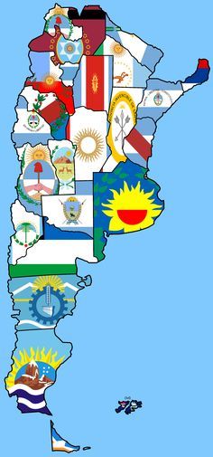 an illustrated map of south america with all the states and their flags on blue background