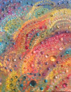 an abstract painting with many different colors and bubbles on it's surface, as well as circles in the center