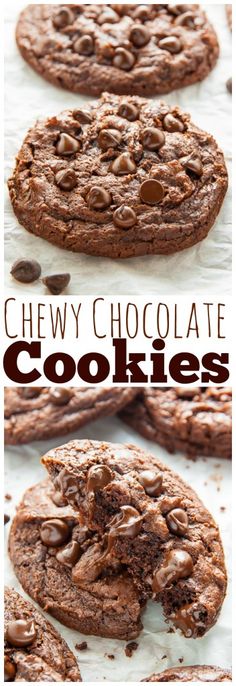 chewy chocolate cookies are stacked on top of each other with the words, chewy chocolate cookies