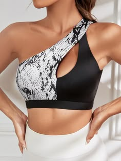 Black and White    Polyester Snakeskin Print  Embellished High Stretch  Women Activewear Sports Bra With Strappy Design, Sports Tops With Built-in Bra And Strappy Back, Sports Top With Bra-friendly Strappy Design, Compressive Athleisure Sports Bra With Seamless Design, Pole Dance Wear, Fitness Wear Women, Printed Sports Bra, Shoulder Cut, Future Clothes