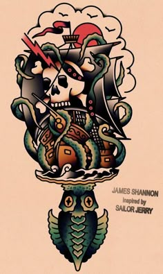 a drawing of a pirate ship with an owl on it's head and skull in the background